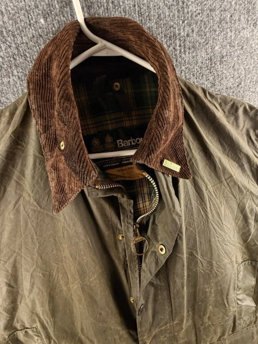 VTG Barbour A200 Border Size 40 Green Waxed Jacket Long Zip Snap Collared 80s